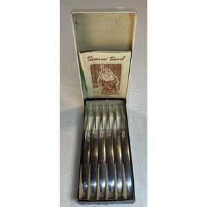 VINTAGE SET OF 6 JAPANESE SAMURAI SWORD STEAK KNIVES JAPAN Original Box Booklet